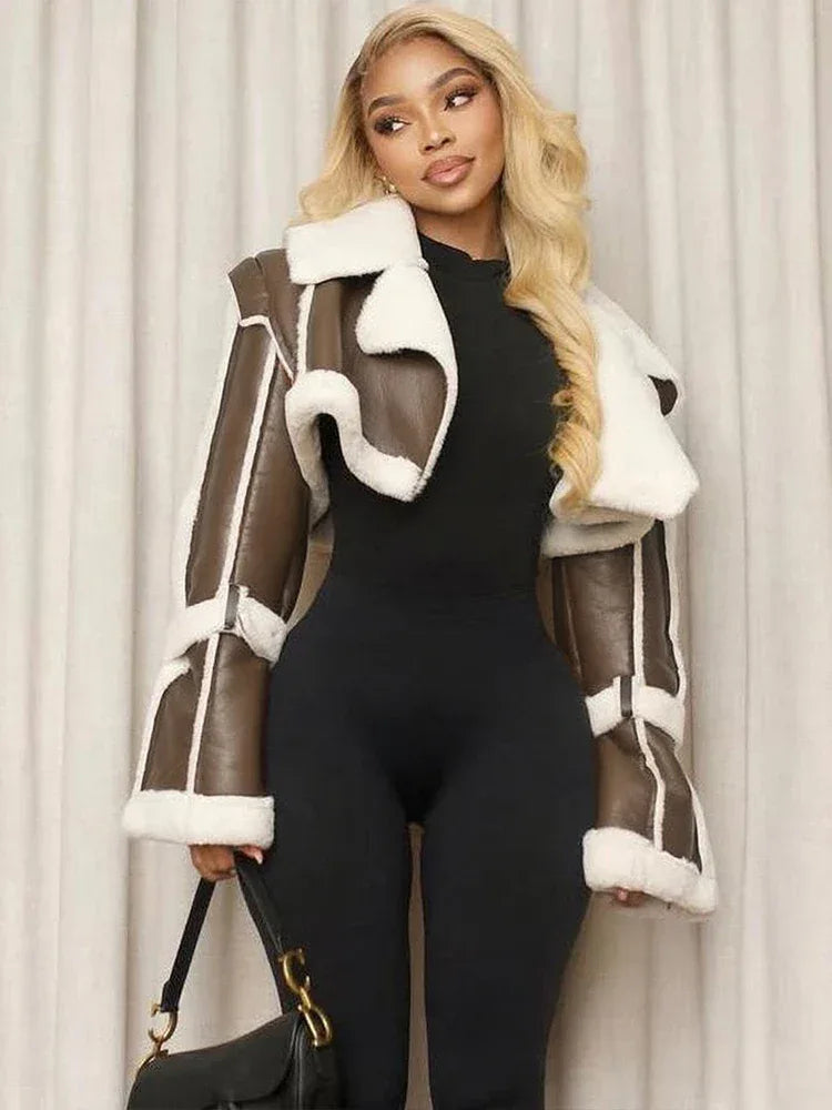 Weird Puss Furry Patchwork Women Crop Jacket Hipster Full Sleeve Open Stitch Hipster Streetwear Warm Outwear Basic Wild Coat
