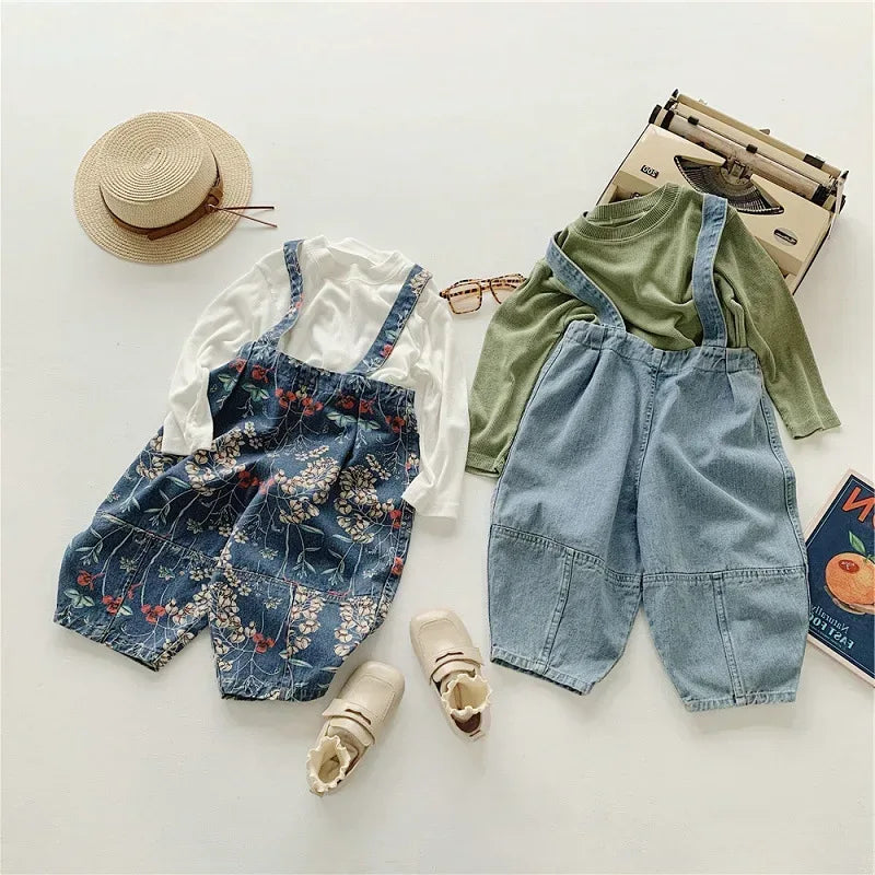 Spring Autumn Fashion Baby Girls Cotton Loose Floral Printed Jeans Kids Denim Suspenders Pant Children Outerwear Trousers 2-8Yrs - Chakastore