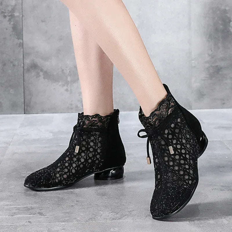 GKTINOO 2026 Spring Summer Ankle Boots Fashion Rhinestones Sandals Thick Heels Mesh Boots Hollow Women's Shoes Genuine Leather - Chakastore