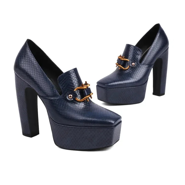 spring autumn New styles fashion High heels Women shoes Solid PU Metal decoration Square toe Slip-On Party heels women high 13cm - Chakastore