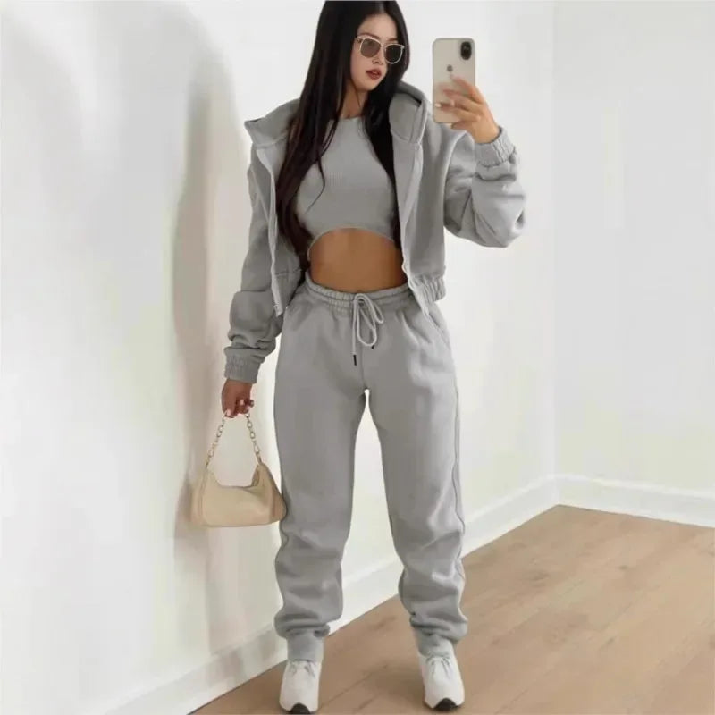 Women's 3 Piece Sets Suit Casual Long Sleeve Zip Hoodies Tank High Waist Sweatpants Jogger Pant Suits Sporty Three Pieces Outfit - Chakastore