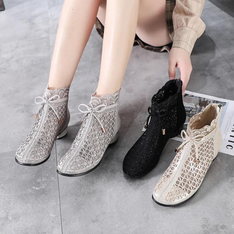 GKTINOO 2026 Spring Summer Ankle Boots Fashion Rhinestones Sandals Thick Heels Mesh Boots Hollow Women's Shoes Genuine Leather - Chakastore