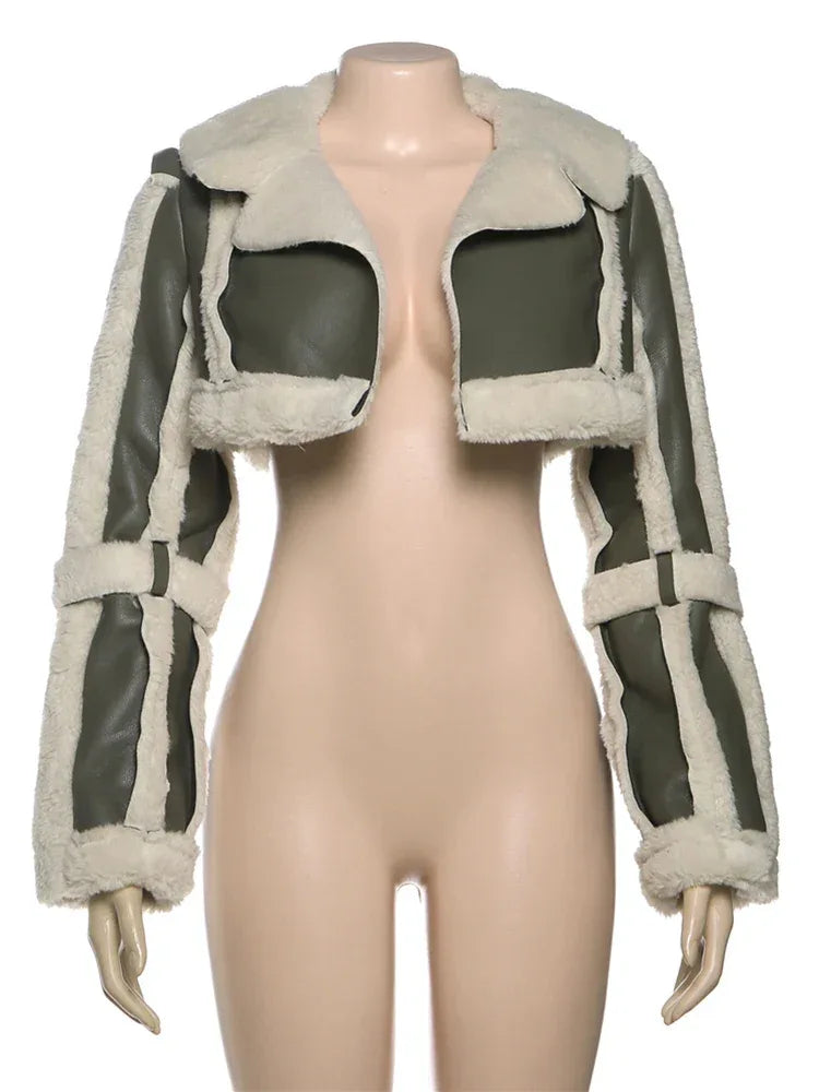 Weird Puss Furry Patchwork Women Crop Jacket Hipster Full Sleeve Open Stitch Hipster Streetwear Warm Outwear Basic Wild Coat