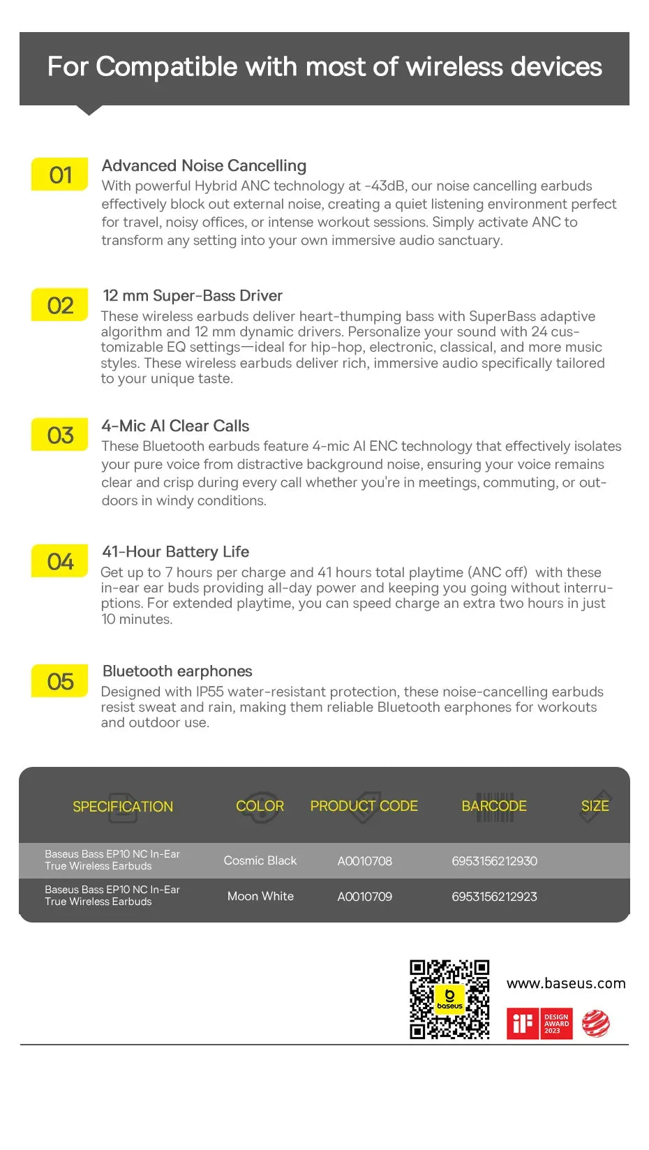 Baseus Bass EP10 NC -43dB Noise Cancelling ANC True Wireless Earbuds Bluetooth 6.0 In-Ear Wireless Earphones 4-Mics ENC Ear buds