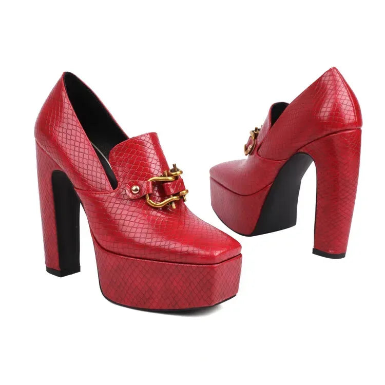 spring autumn New styles fashion High heels Women shoes Solid PU Metal decoration Square toe Slip-On Party heels women high 13cm - Chakastore