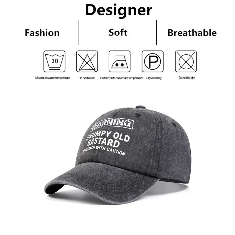 Unisex WARNING GRUMPY OLD BASTARD Print Wash Baseball Caps Spring and Autumn Outdoor Adjustable Casual Hats Sunscreen Hat - Chakastore