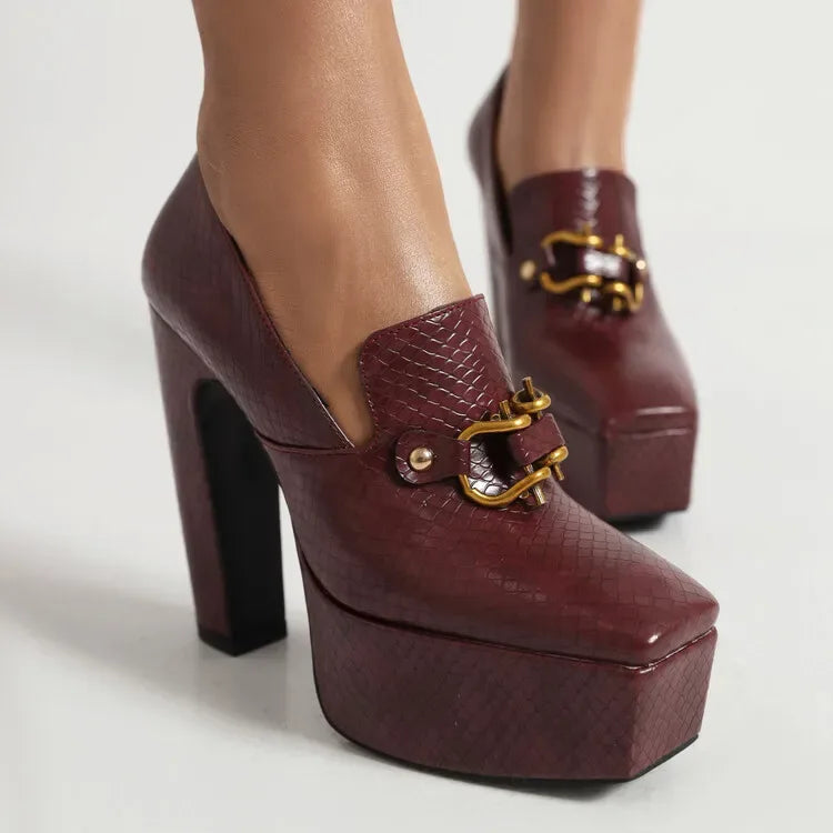 spring autumn New styles fashion High heels Women shoes Solid PU Metal decoration Square toe Slip-On Party heels women high 13cm
