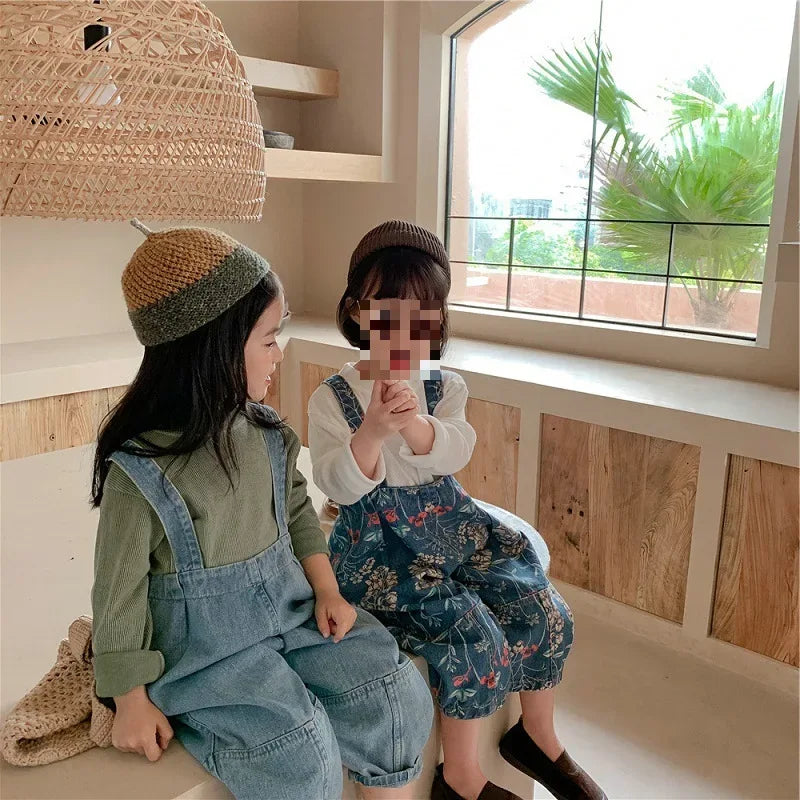 Spring Autumn Fashion Baby Girls Cotton Loose Floral Printed Jeans Kids Denim Suspenders Pant Children Outerwear Trousers 2-8Yrs