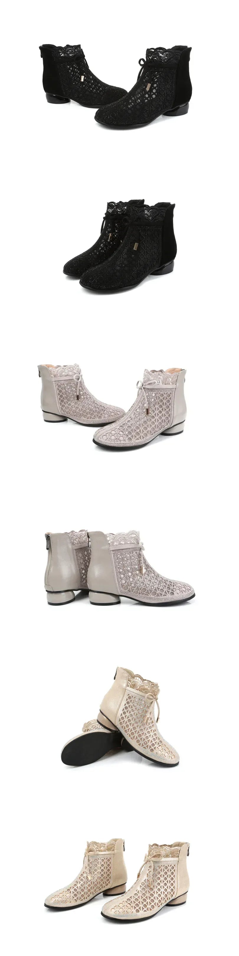 GKTINOO 2026 Spring Summer Ankle Boots Fashion Rhinestones Sandals Thick Heels Mesh Boots Hollow Women's Shoes Genuine Leather