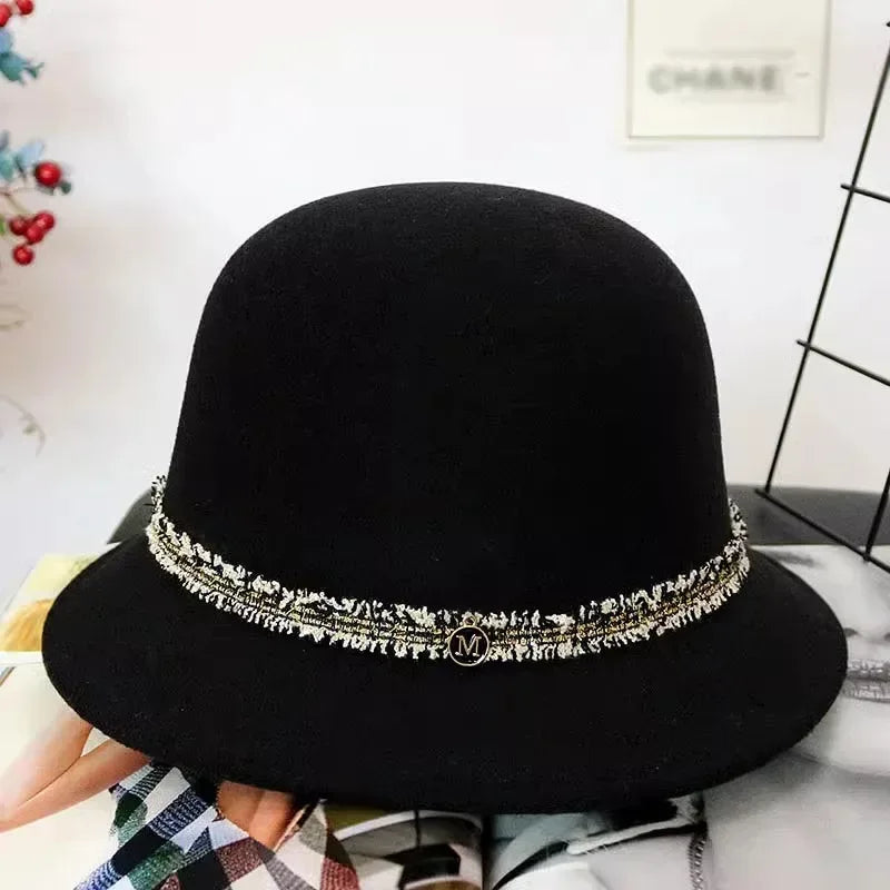 New Fashion Elegant Jazz Hat Woolen Hat Women's Spring Autumn Winter Woolen Fabric Vintage Literature Peaked cap - Chakastore