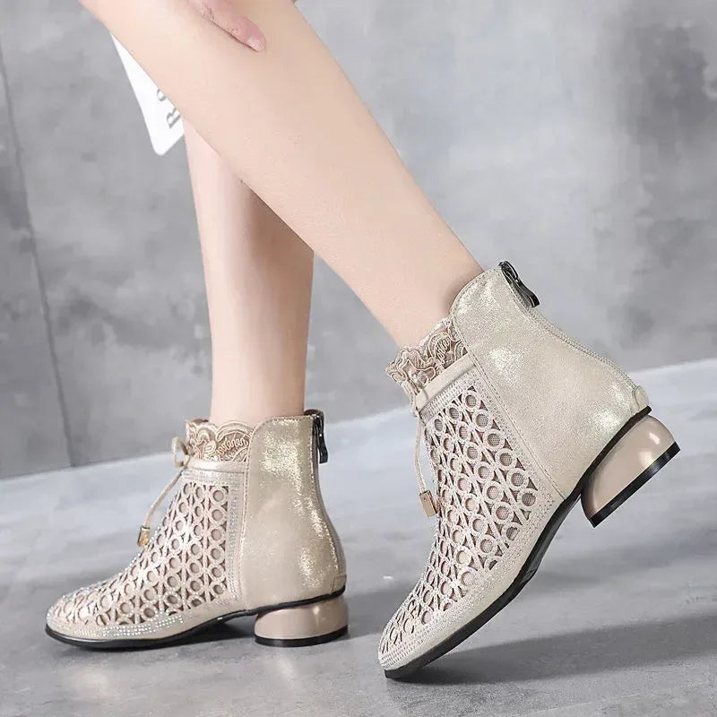 GKTINOO 2026 Spring Summer Ankle Boots Fashion Rhinestones Sandals Thick Heels Mesh Boots Hollow Women's Shoes Genuine Leather - Chakastore