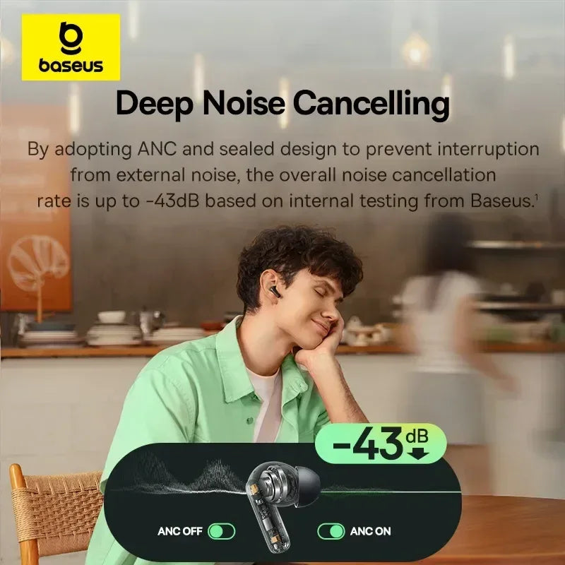Baseus Bass EP10 NC -43dB Noise Cancelling ANC True Wireless Earbuds Bluetooth 6.0 In-Ear Wireless Earphones 4-Mics ENC Ear buds - Chakastore