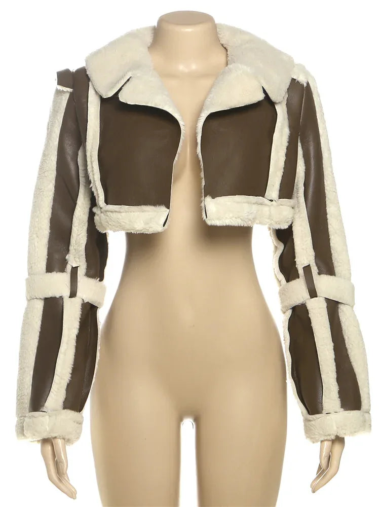 Weird Puss Furry Patchwork Women Crop Jacket Hipster Full Sleeve Open Stitch Hipster Streetwear Warm Outwear Basic Wild Coat