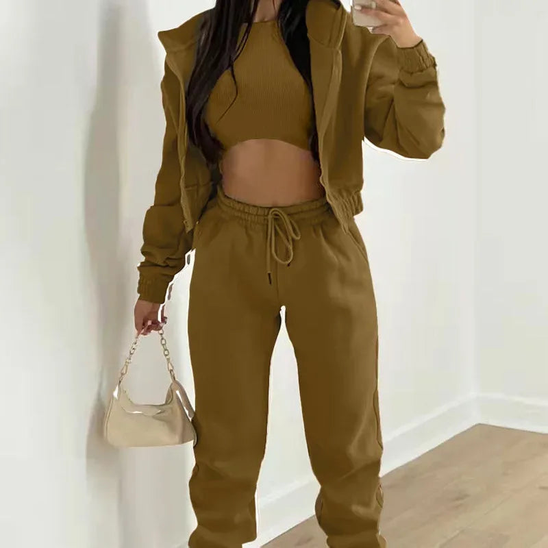 Women's 3 Piece Sets Suit Casual Long Sleeve Zip Hoodies Tank High Waist Sweatpants Jogger Pant Suits Sporty Three Pieces Outfit