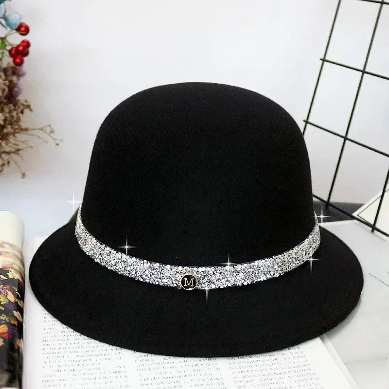 New Fashion Elegant Jazz Hat Woolen Hat Women's Spring Autumn Winter Woolen Fabric Vintage Literature Peaked cap - Chakastore