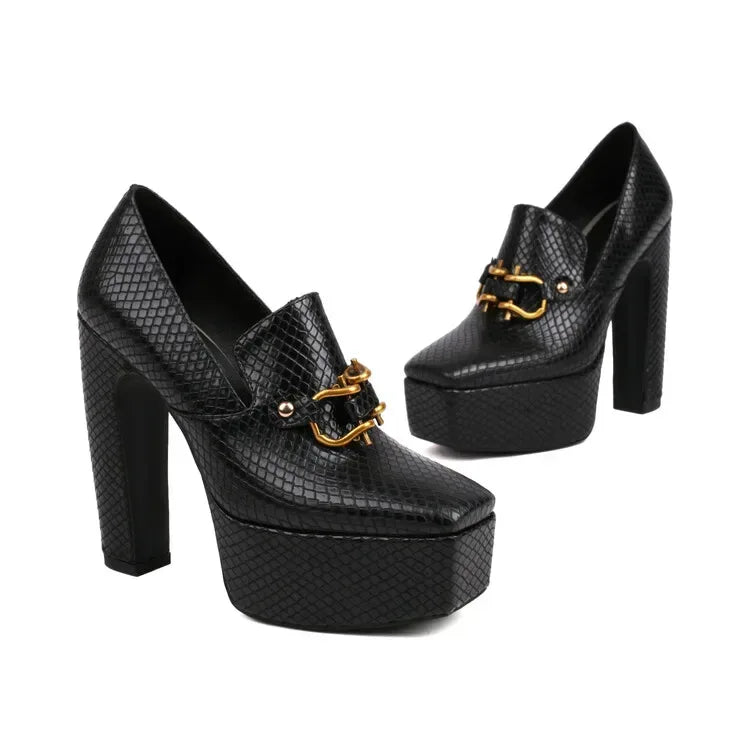 spring autumn New styles fashion High heels Women shoes Solid PU Metal decoration Square toe Slip-On Party heels women high 13cm - Chakastore