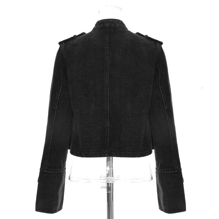 Chaqueta Mujer Metal Double Breasted Stand Collar Design Denim Jacket Top Denim Women Clothing American Overcoat Outwear