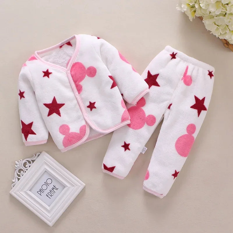2Pcs Set Newborn Baby Clothing Flannle Spring Autumn Set for Babies Soft Toddler Jacket Baby Pant Cartoon Boys Girls Set 0-24M