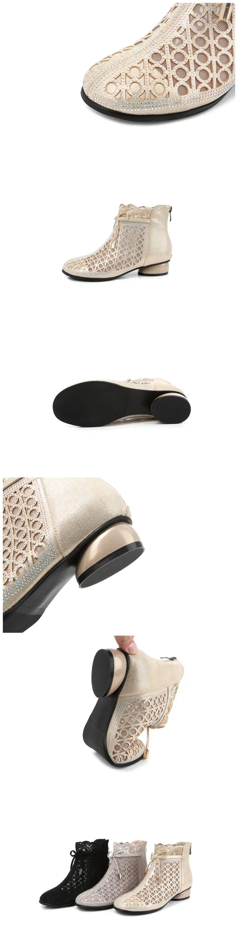 GKTINOO 2026 Spring Summer Ankle Boots Fashion Rhinestones Sandals Thick Heels Mesh Boots Hollow Women's Shoes Genuine Leather