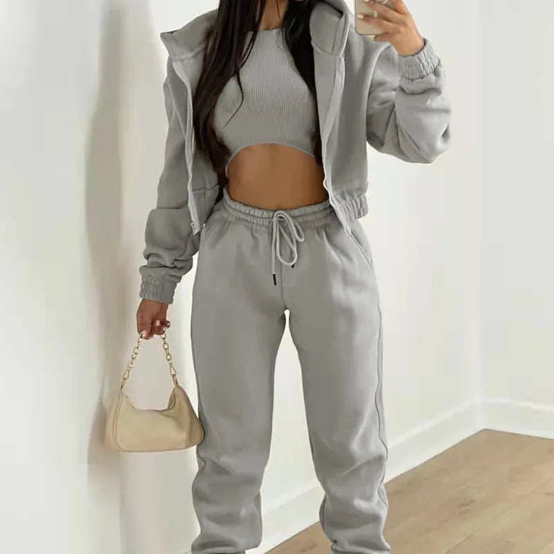 Women's 3 Piece Sets Suit Casual Long Sleeve Zip Hoodies Tank High Waist Sweatpants Jogger Pant Suits Sporty Three Pieces Outfit