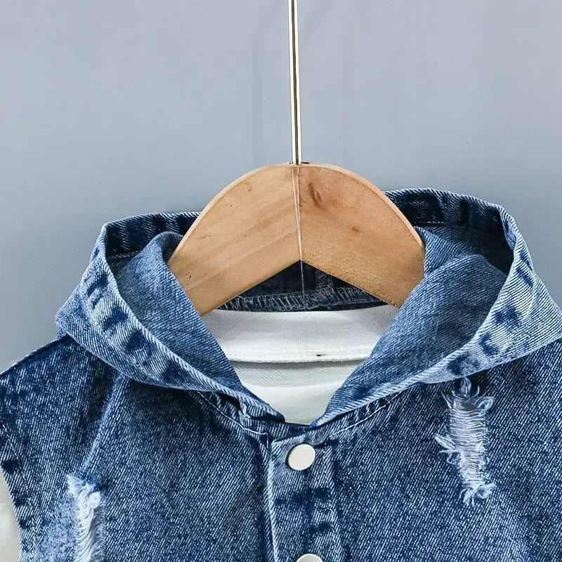 Spring and Autumn Children's Clothing Set New Boys' Baby Cowboy Vest T-shirt Jeans 3-Piece Set 73-110cm