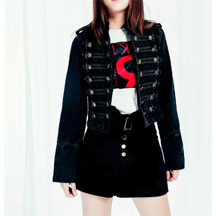 Chaqueta Mujer Metal Double Breasted Stand Collar Design Denim Jacket Top Denim Women Clothing American Overcoat Outwear