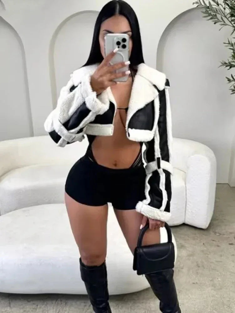 Weird Puss Furry Patchwork Women Crop Jacket Hipster Full Sleeve Open Stitch Hipster Streetwear Warm Outwear Basic Wild Coat - Chakastore