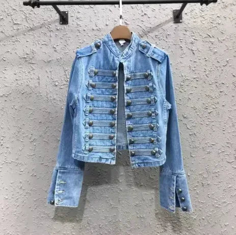 Chaqueta Mujer Metal Double Breasted Stand Collar Design Denim Jacket Top Denim Women Clothing American Overcoat Outwear