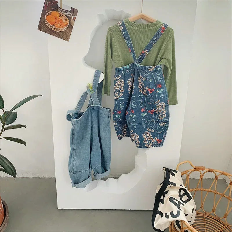 Spring Autumn Fashion Baby Girls Cotton Loose Floral Printed Jeans Kids Denim Suspenders Pant Children Outerwear Trousers 2-8Yrs - Chakastore