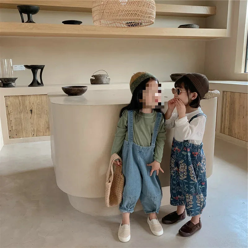 Spring Autumn Fashion Baby Girls Cotton Loose Floral Printed Jeans Kids Denim Suspenders Pant Children Outerwear Trousers 2-8Yrs