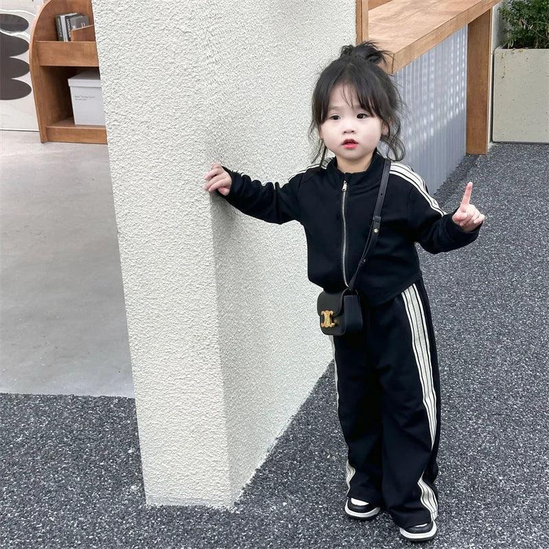 Girl's Sets Children's Long-Sleeved Two Piece Spring Autumn Casual Sports Suit Baby Striped Zipper Clothes 2-8 Years Old - Chakastore