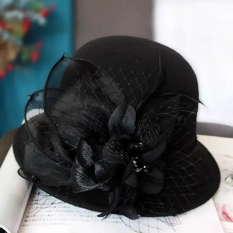 New Fashion Elegant Jazz Hat Woolen Hat Women's Spring Autumn Winter Woolen Fabric Vintage Literature Peaked cap - Chakastore