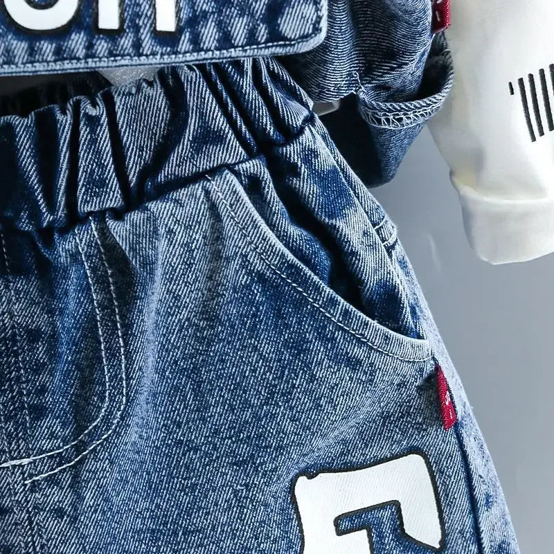 Spring and Autumn Children's Clothing Set New Boys' Baby Cowboy Vest T-shirt Jeans 3-Piece Set 73-110cm