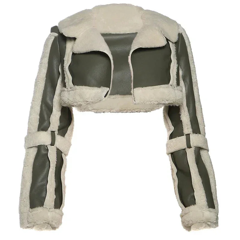 Weird Puss Furry Patchwork Women Crop Jacket Hipster Full Sleeve Open Stitch Hipster Streetwear Warm Outwear Basic Wild Coat - Chakastore