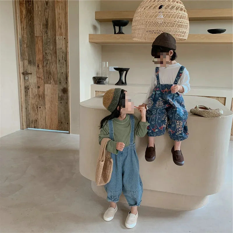 Spring Autumn Fashion Baby Girls Cotton Loose Floral Printed Jeans Kids Denim Suspenders Pant Children Outerwear Trousers 2-8Yrs