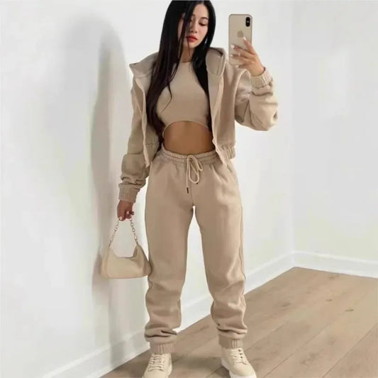 Women's 3 Piece Sets Suit Casual Long Sleeve Zip Hoodies Tank High Waist Sweatpants Jogger Pant Suits Sporty Three Pieces Outfit - Chakastore