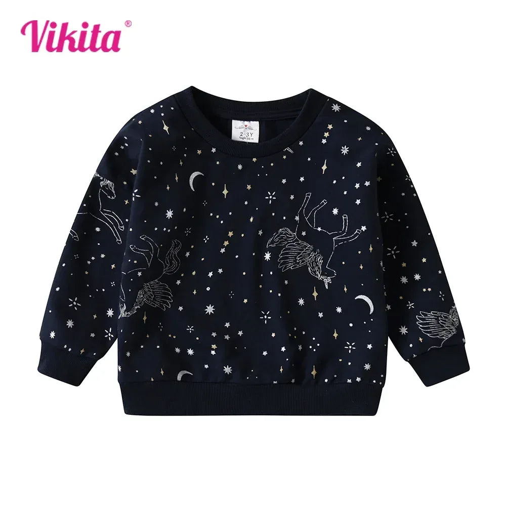 VIKITA Kids Unicorn Starry Moon Print Sweatshirt Tops Teenagers Autumn Spring Sports Wear Casual Cotton Fashion Sweatshirt - Chakastore