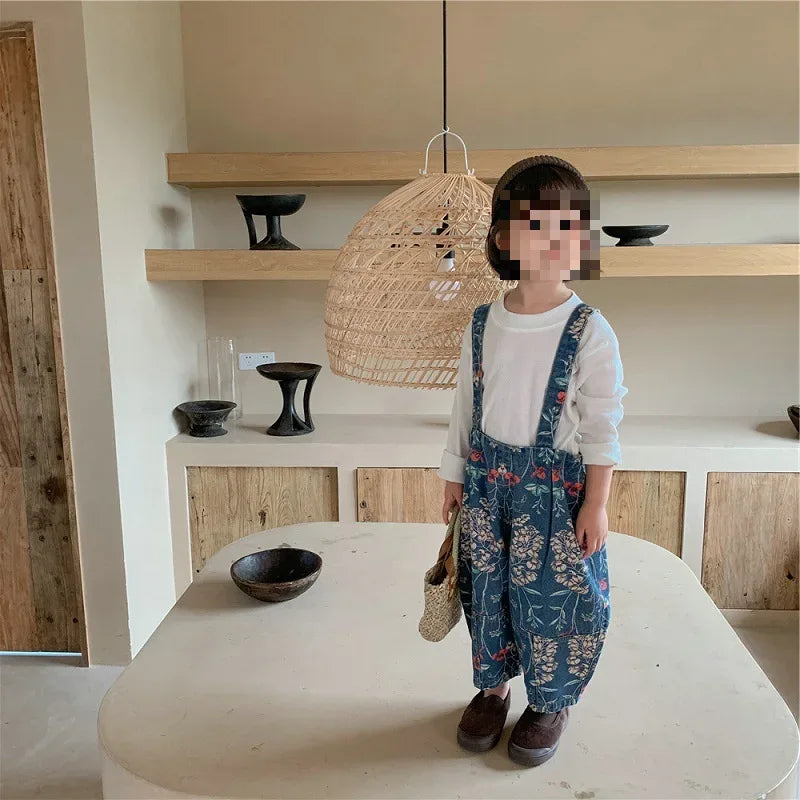 Spring Autumn Fashion Baby Girls Cotton Loose Floral Printed Jeans Kids Denim Suspenders Pant Children Outerwear Trousers 2-8Yrs