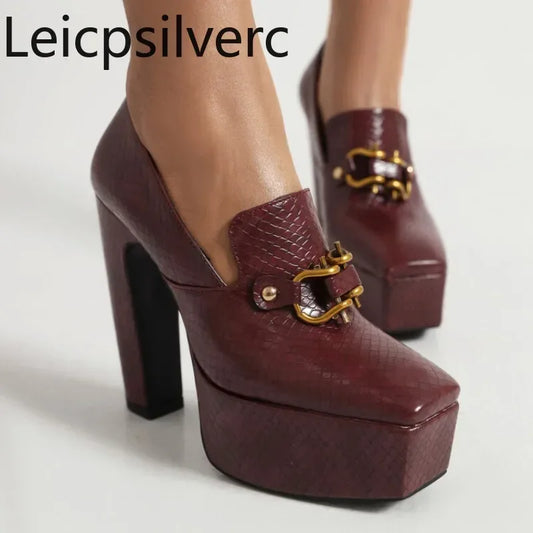 spring autumn New styles fashion High heels Women shoes Solid PU Metal decoration Square toe Slip-On Party heels women high 13cm - Chakastore