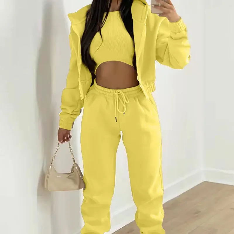 Women's 3 Piece Sets Suit Casual Long Sleeve Zip Hoodies Tank High Waist Sweatpants Jogger Pant Suits Sporty Three Pieces Outfit