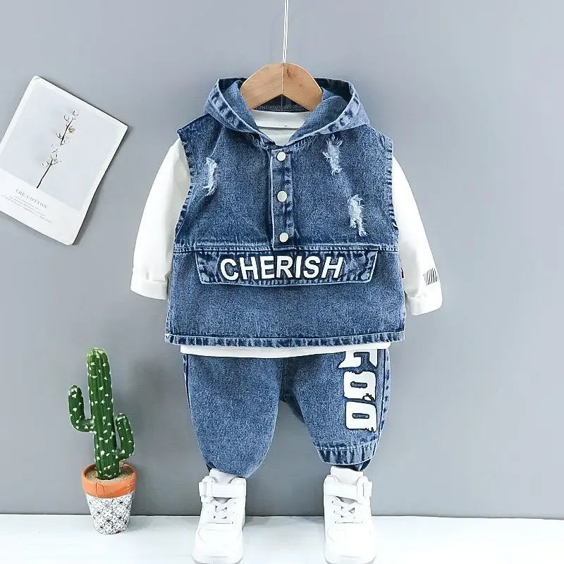 Spring and Autumn Children's Clothing Set New Boys' Baby Cowboy Vest T-shirt Jeans 3-Piece Set 73-110cm