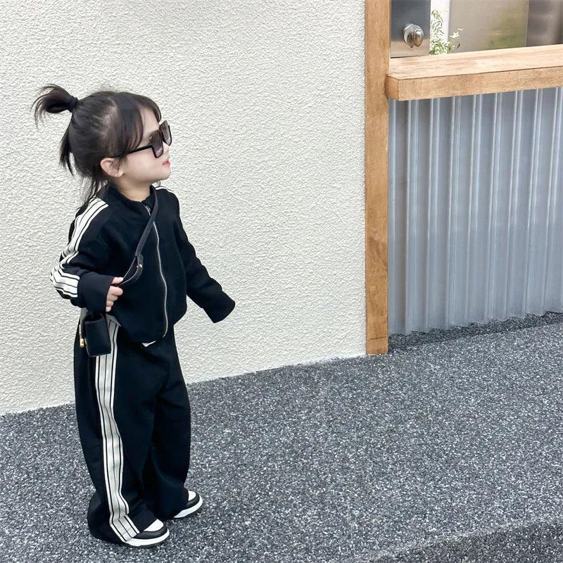 Girl's Sets Children's Long-Sleeved Two Piece Spring Autumn Casual Sports Suit Baby Striped Zipper Clothes 2-8 Years Old - Chakastore