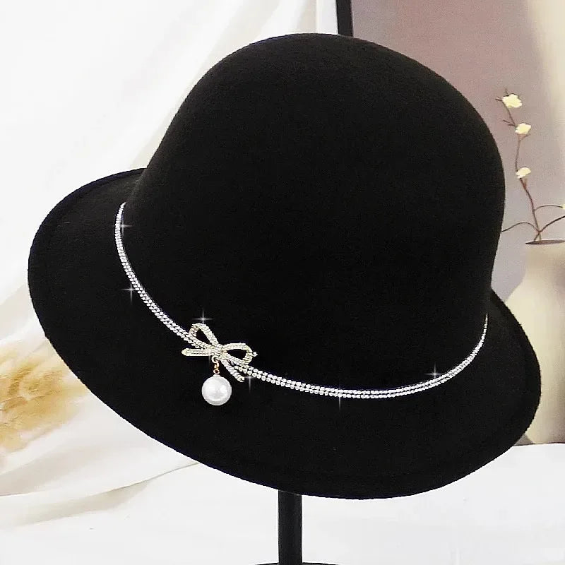 New Fashion Elegant Jazz Hat Woolen Hat Women's Spring Autumn Winter Woolen Fabric Vintage Literature Peaked cap - Chakastore
