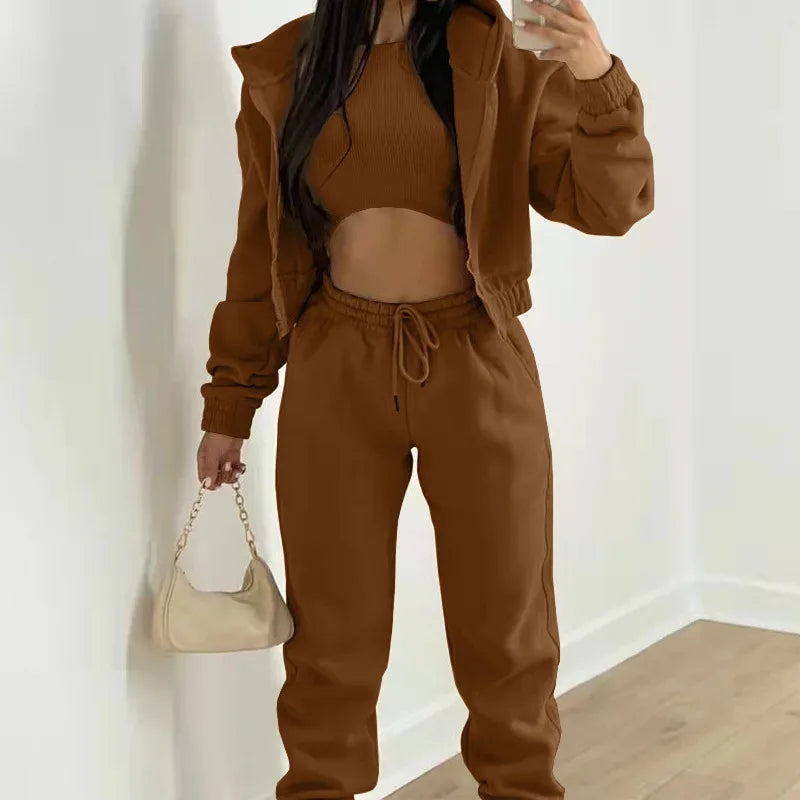 Women's 3 Piece Sets Suit Casual Long Sleeve Zip Hoodies Tank High Waist Sweatpants Jogger Pant Suits Sporty Three Pieces Outfit