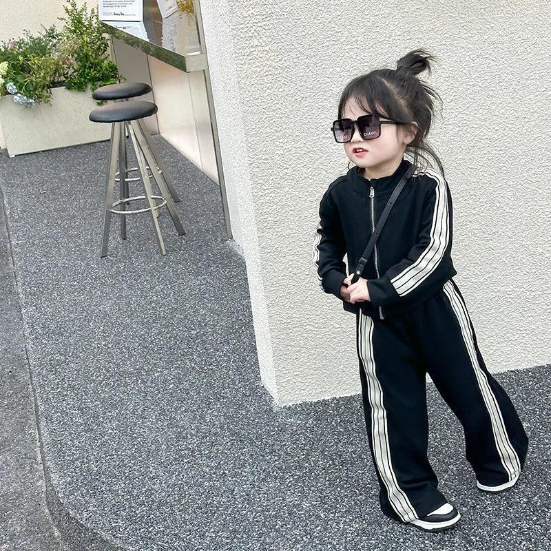 Girl's Sets Children's Long-Sleeved Two Piece Spring Autumn Casual Sports Suit Baby Striped Zipper Clothes 2-8 Years Old - Chakastore
