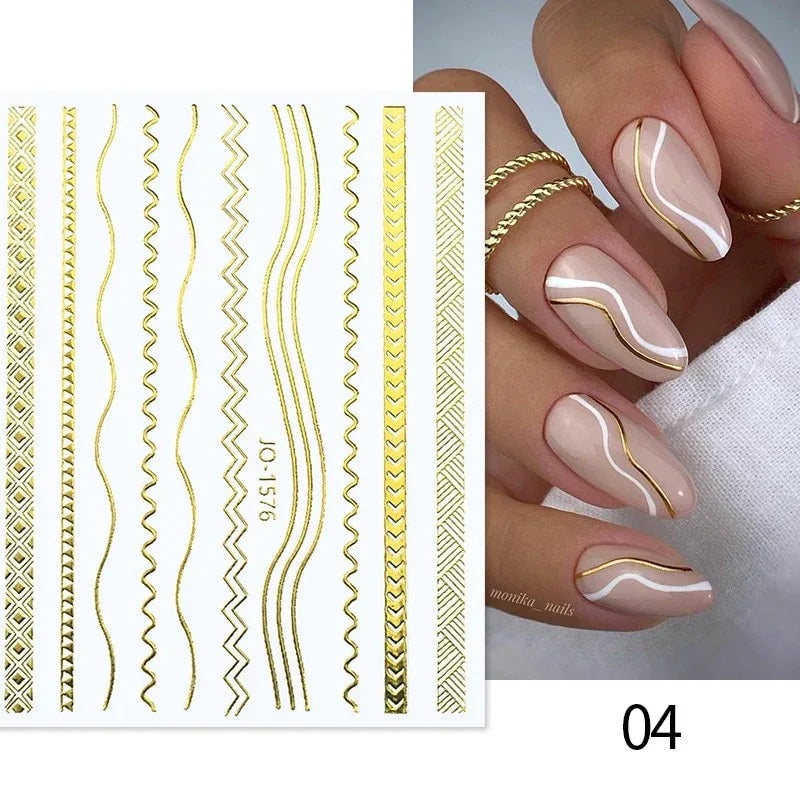 Gold 3D Nail Sticker Curve Stripe Lines Nails Stickers Gradient Adhesive Striping Tape Nail Foil Nail Art Stickers Decals Silver