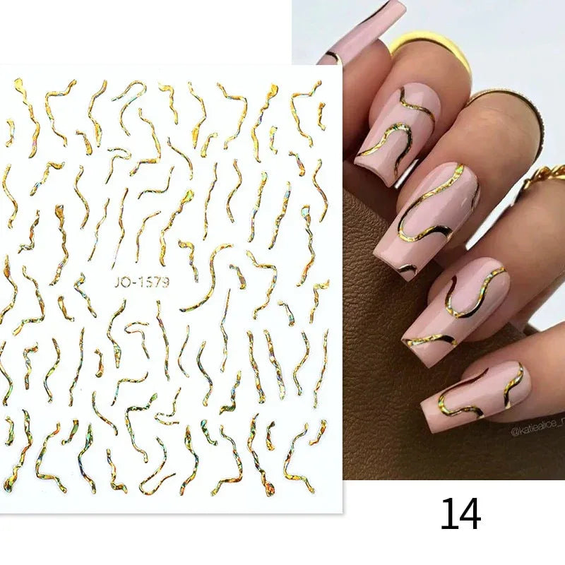 Gold 3D Nail Sticker Curve Stripe Lines Nails Stickers Gradient Adhesive Striping Tape Nail Foil Nail Art Stickers Decals Silver