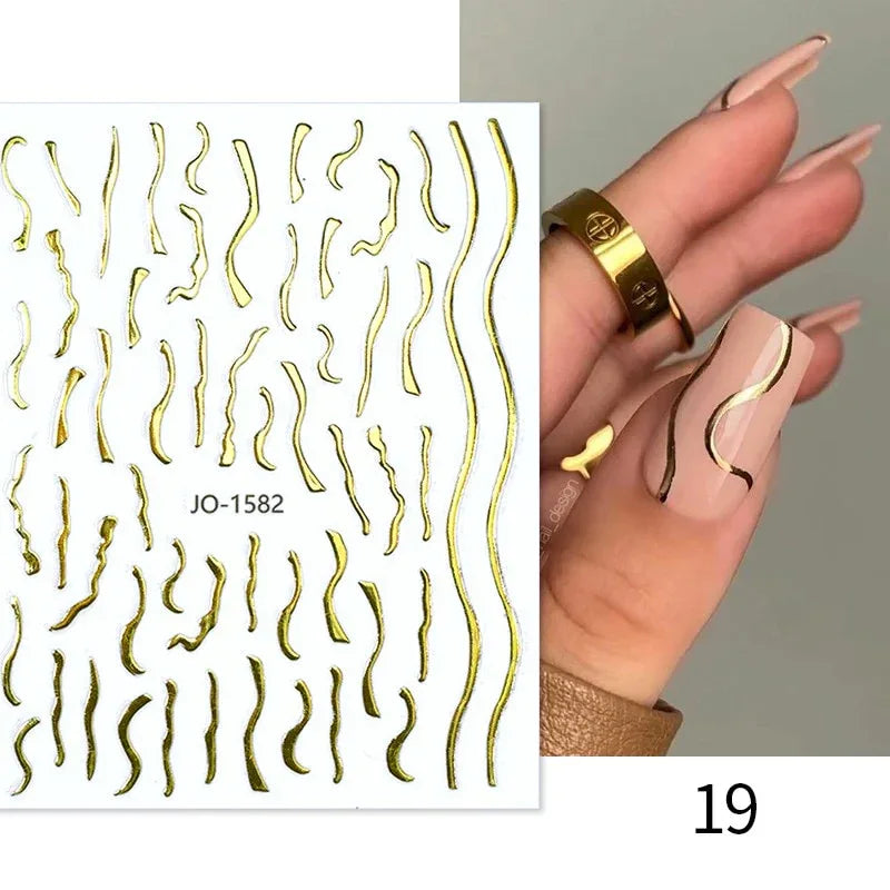 Gold 3D Nail Sticker Curve Stripe Lines Nails Stickers Gradient Adhesive Striping Tape Nail Foil Nail Art Stickers Decals Silver