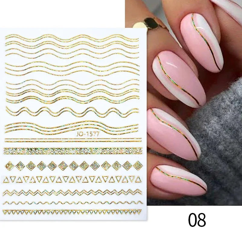 Gold 3D Nail Sticker Curve Stripe Lines Nails Stickers Gradient Adhesive Striping Tape Nail Foil Nail Art Stickers Decals Silver