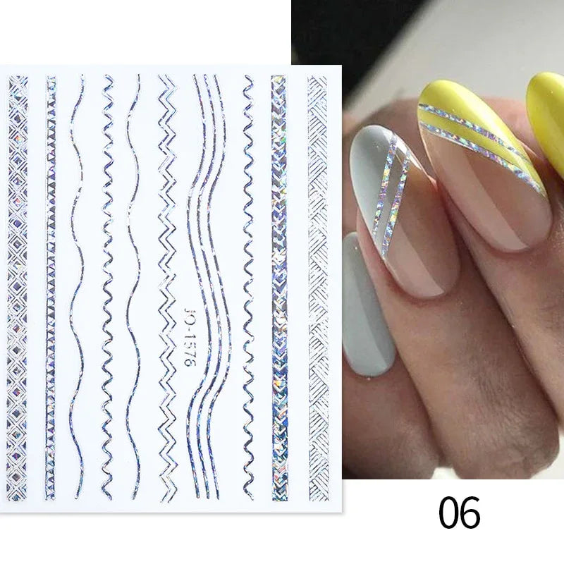 Gold 3D Nail Sticker Curve Stripe Lines Nails Stickers Gradient Adhesive Striping Tape Nail Foil Nail Art Stickers Decals Silver